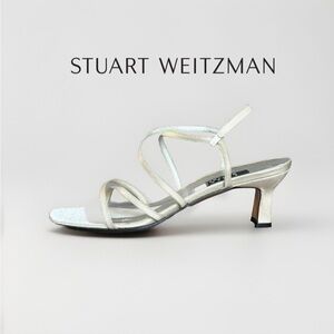 Vintage Stuart Weitzman strapped white and silver kitten heels sz 9